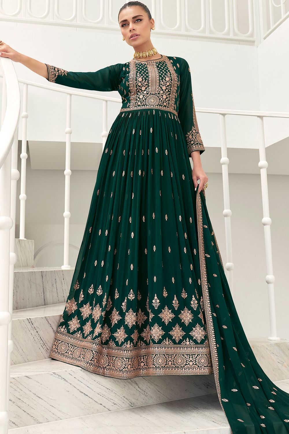 Bottle Green Silk Embroidered Anarkali Suit 