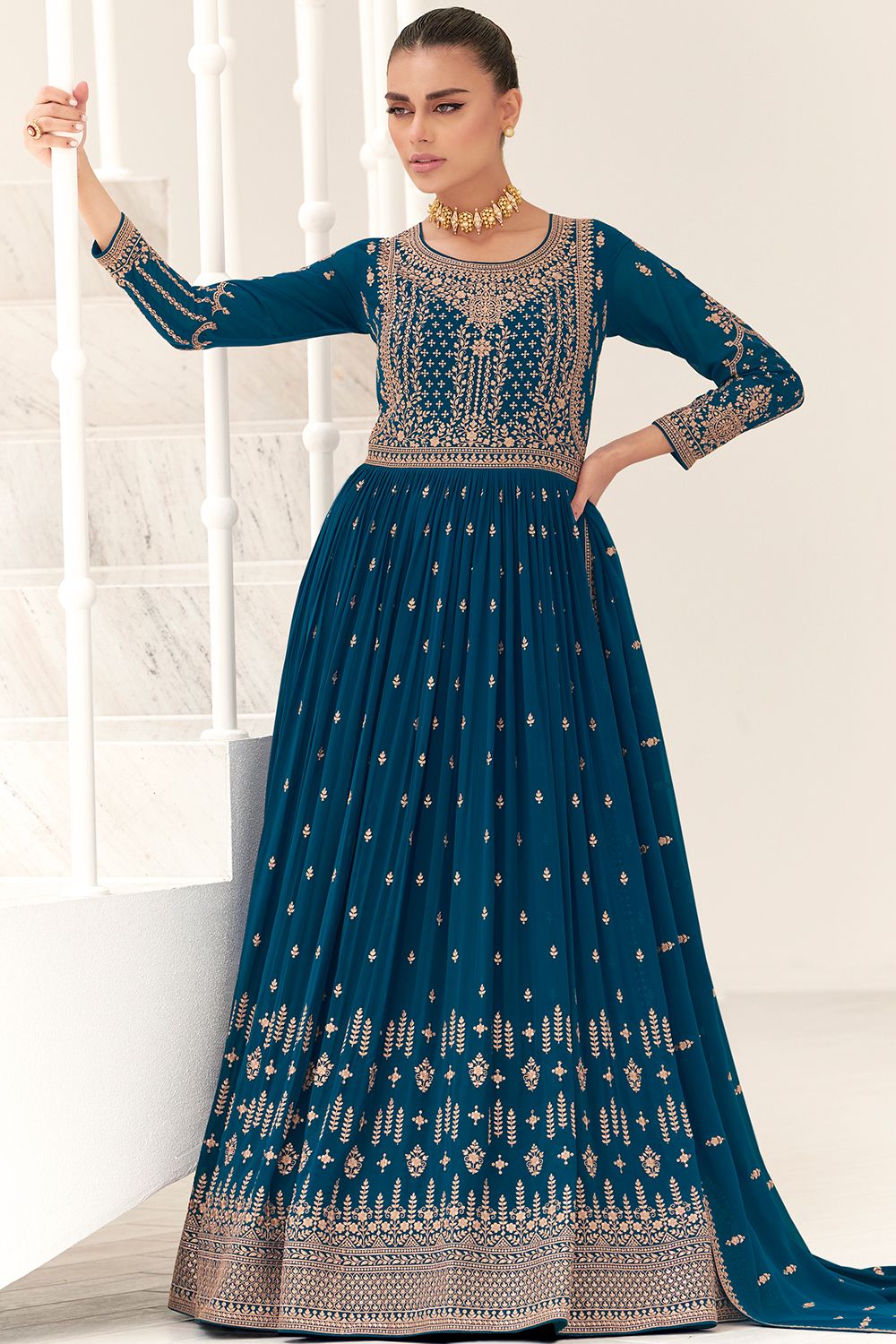 Blue Silk Embroidered Anarkali Suit 