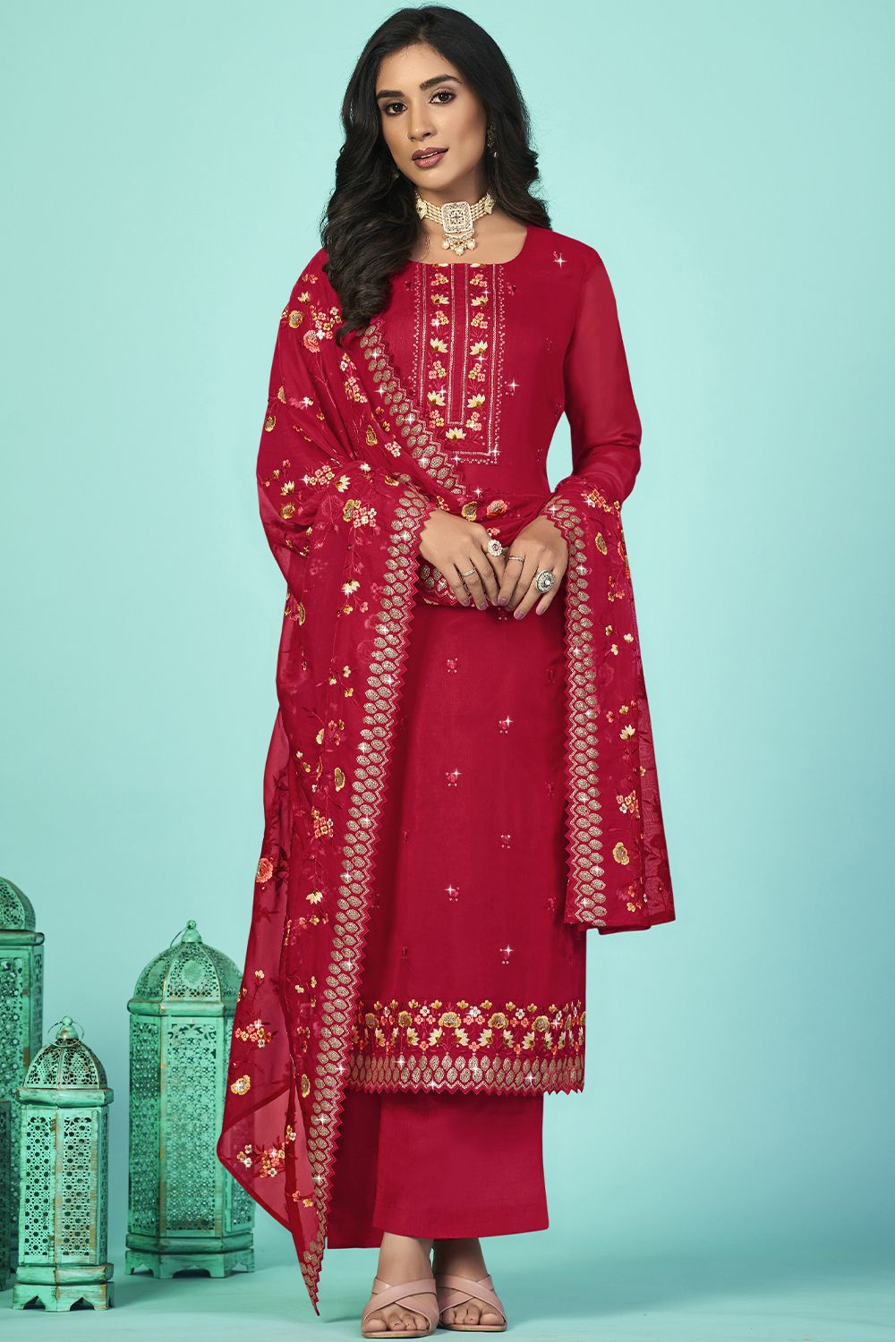 Red Embroidered Organza Kurta Set with Sequins