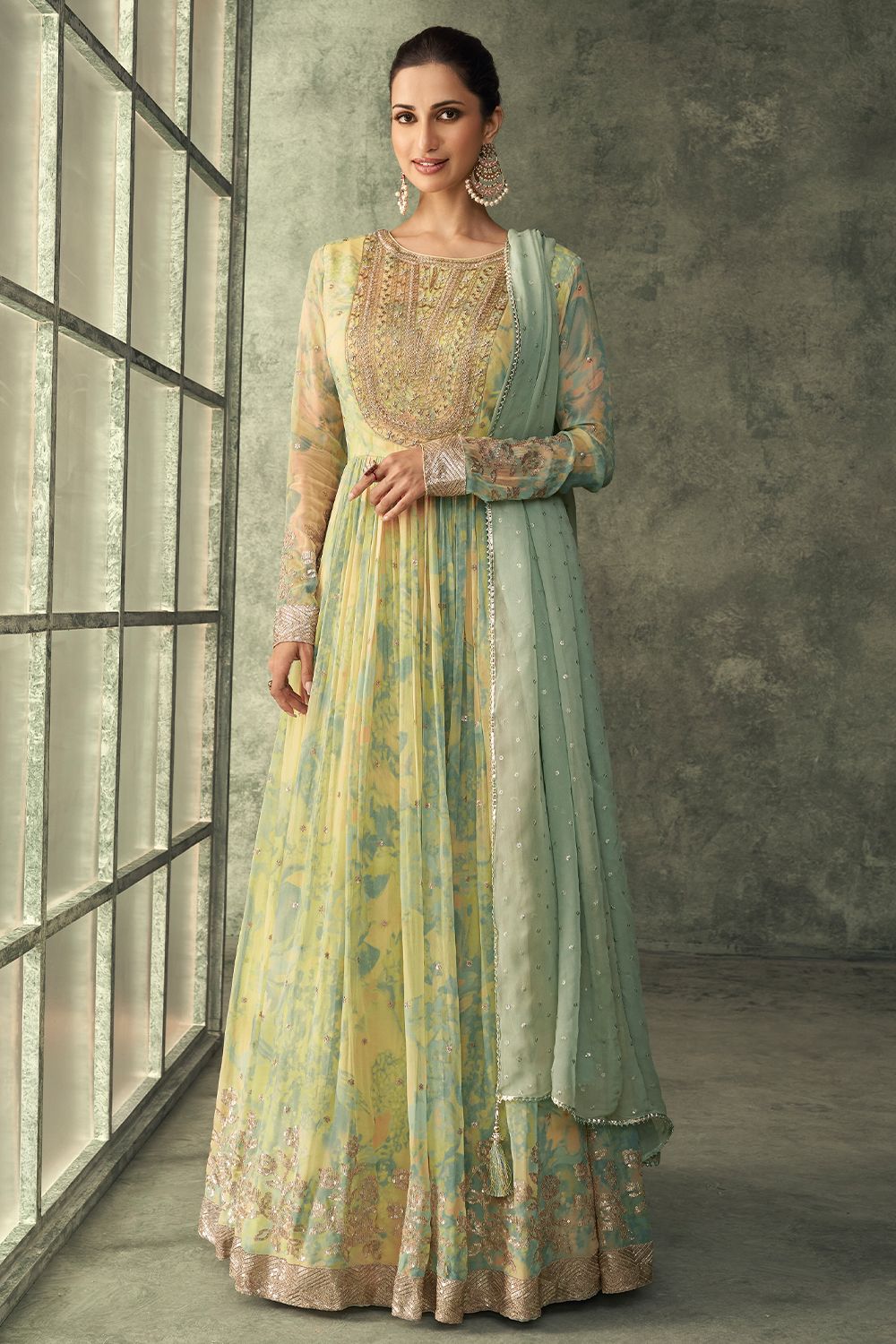 Light Yellow Indo Western Georgette Anarkali Gown