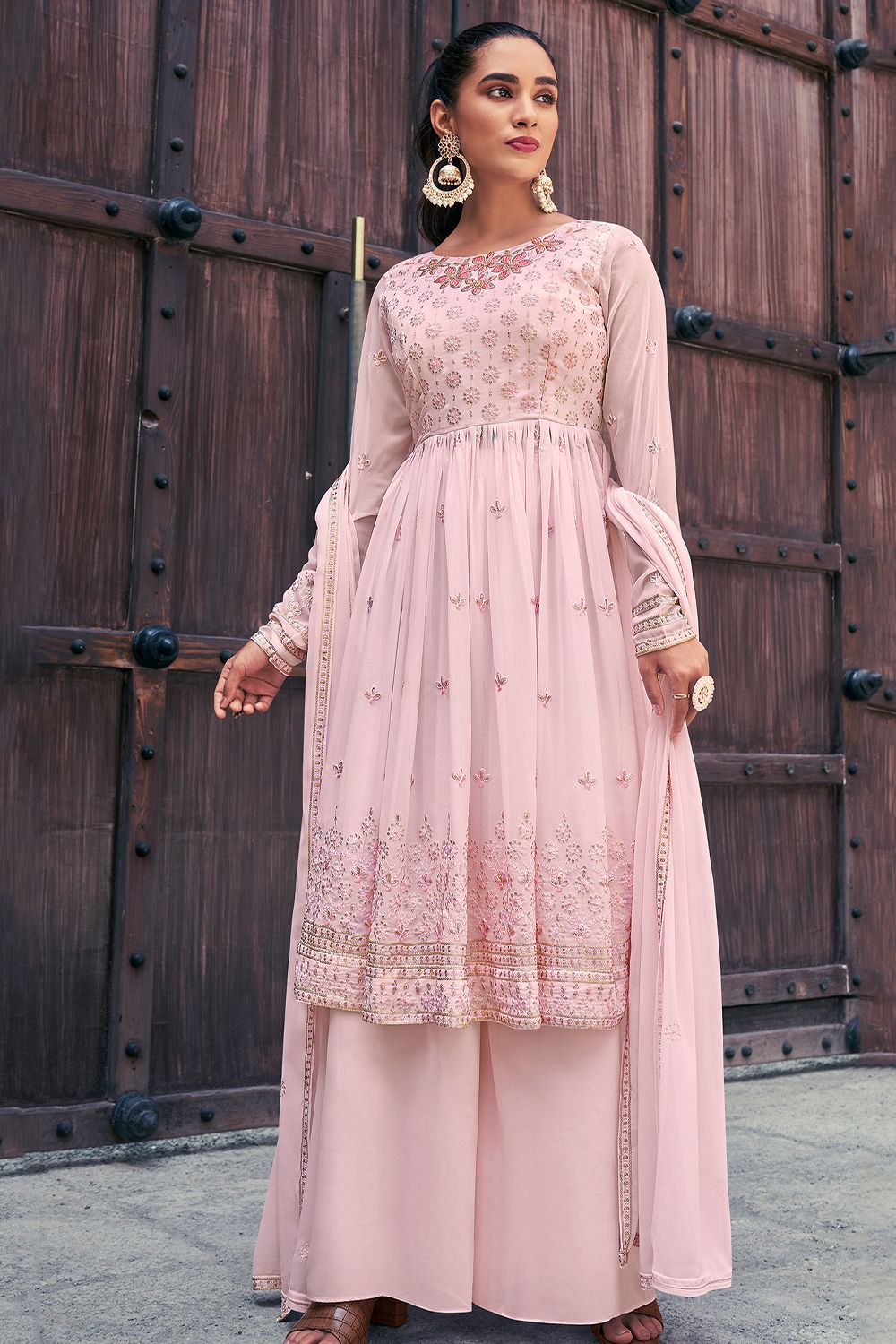 Baby Pink Embroidered Georgette Palazzo Suit