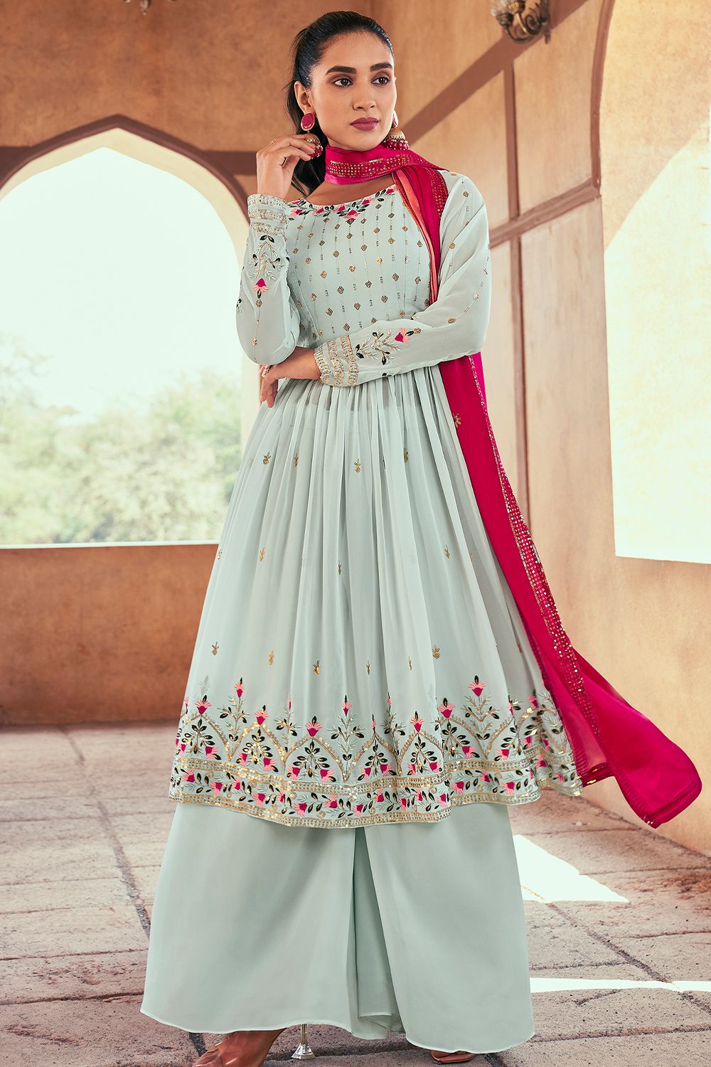 Light Cyan Embroidered Georgette Palazzo Suit