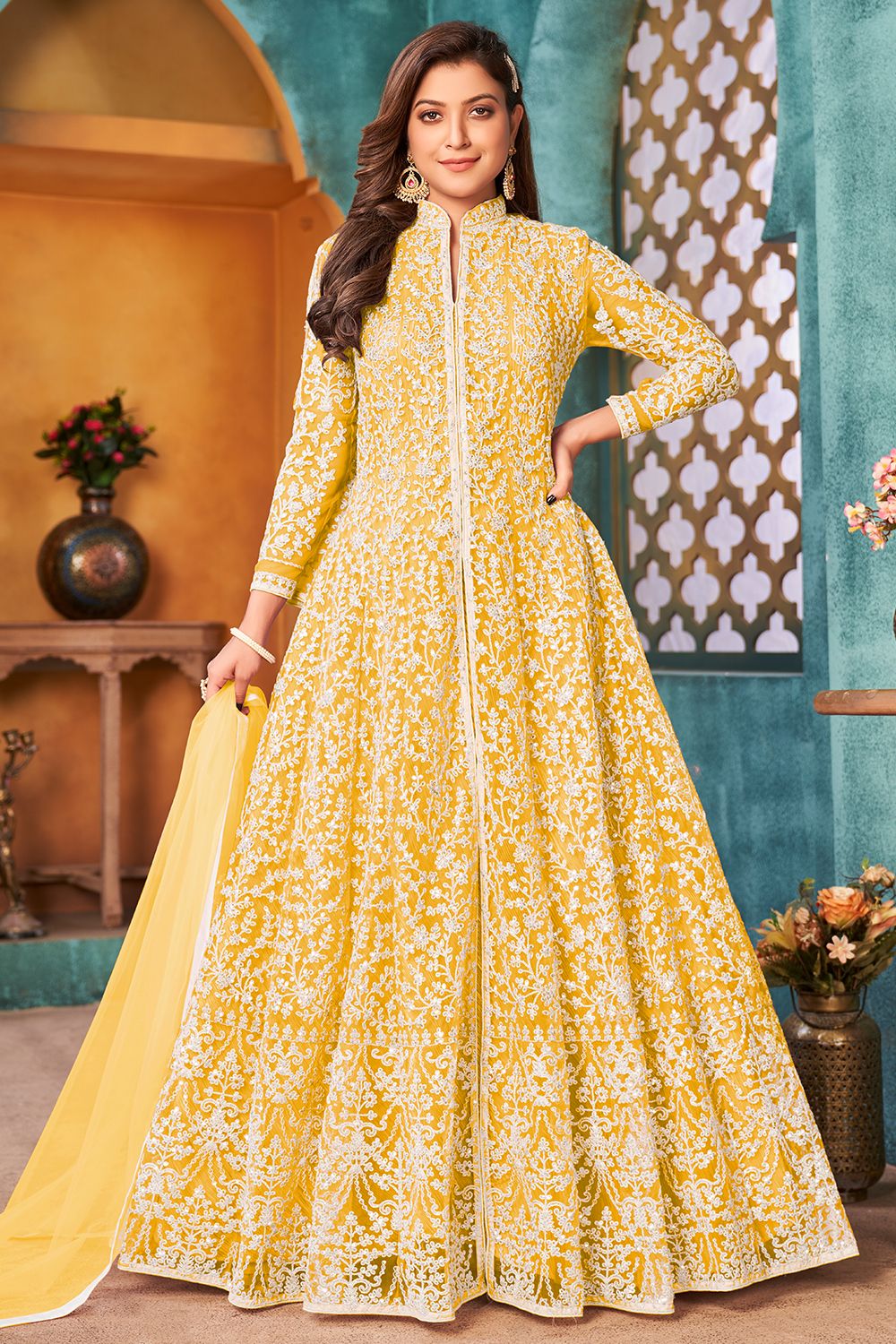 Yellow Net Heavy Thread Embroidery Anarkali Suit with Sequins