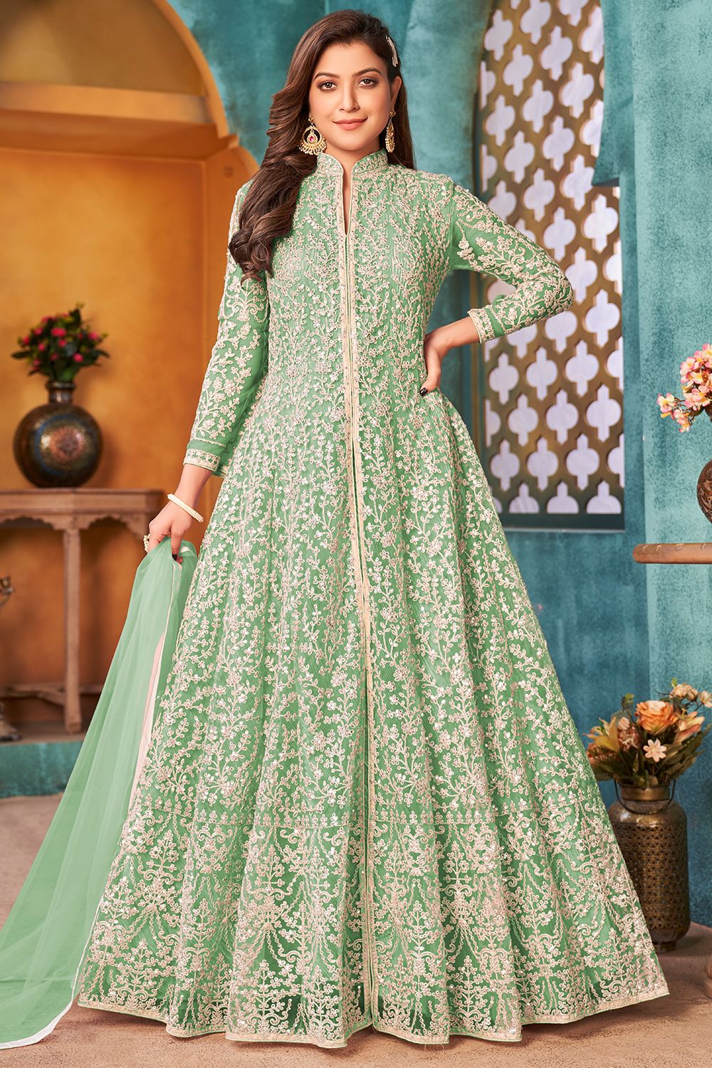 Sea Green Net Heavy Thread Embroidery Anarkali Suit with Sequins