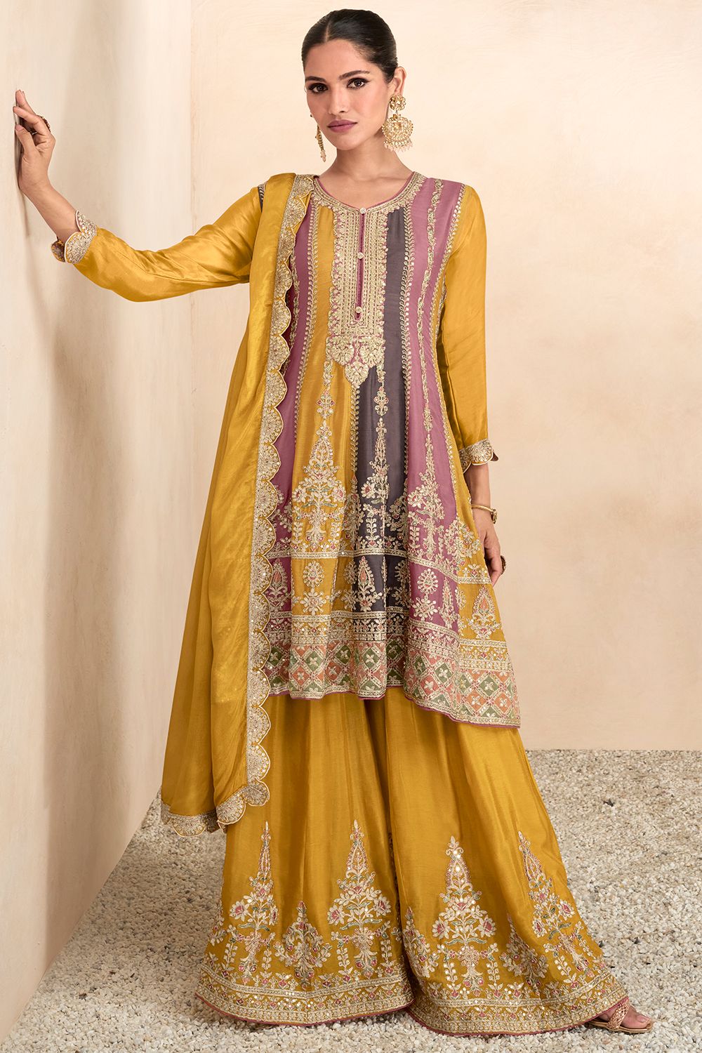  Mustard Yellow Chinnon Embroidered A- Line Sharara Suit