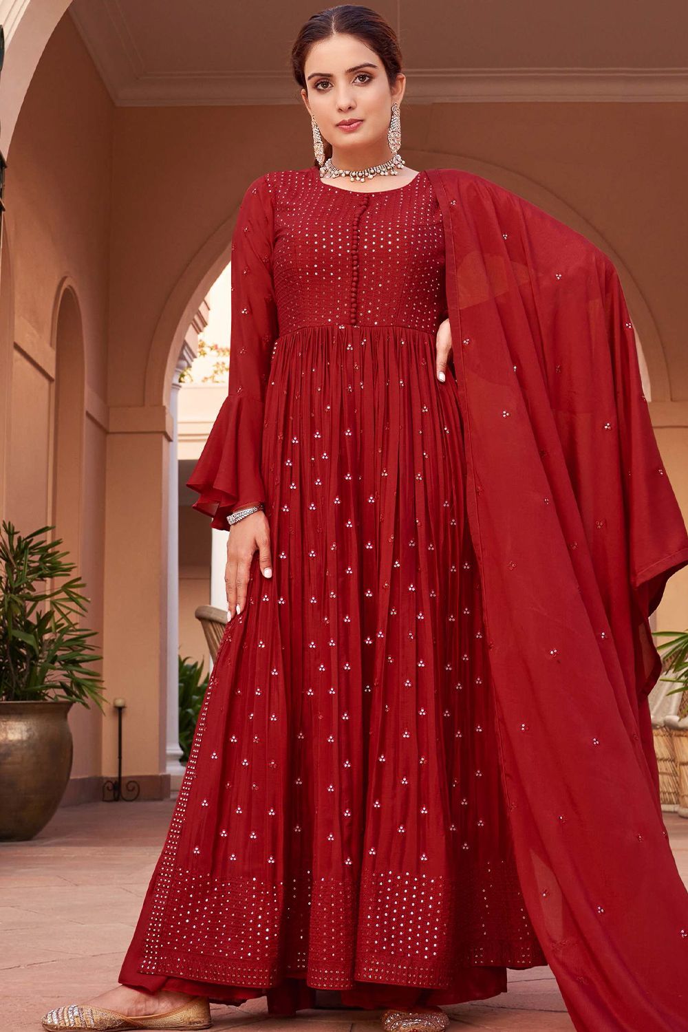 Maroon Chinnon Embelllished Side Slit Anarkali Suit with  Bottom