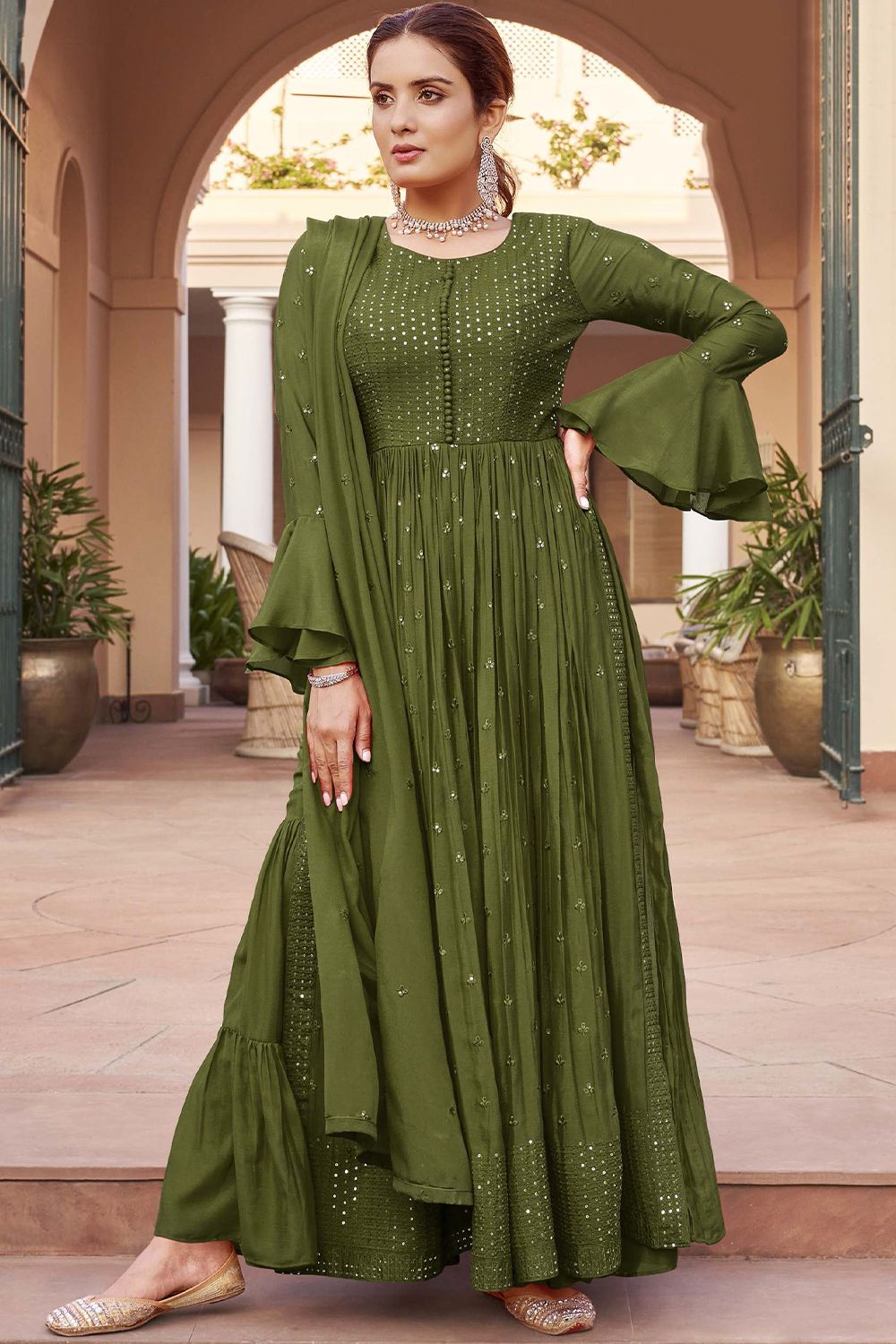 Olive Green Chinnon Embelllished Side Slit Anarkali Suit with  Bottom