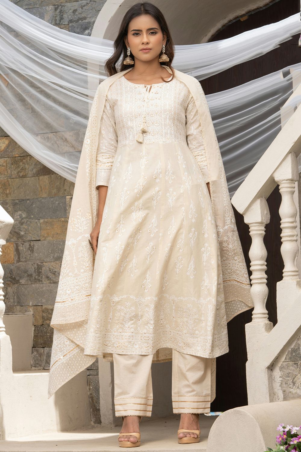 Beige Cotton Thread Embroidery A- Line Kurta Set with Drawstring