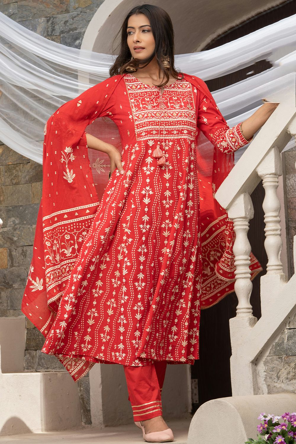Red Cotton Thread Embroidery A- Line Kurta Set with Drawstring