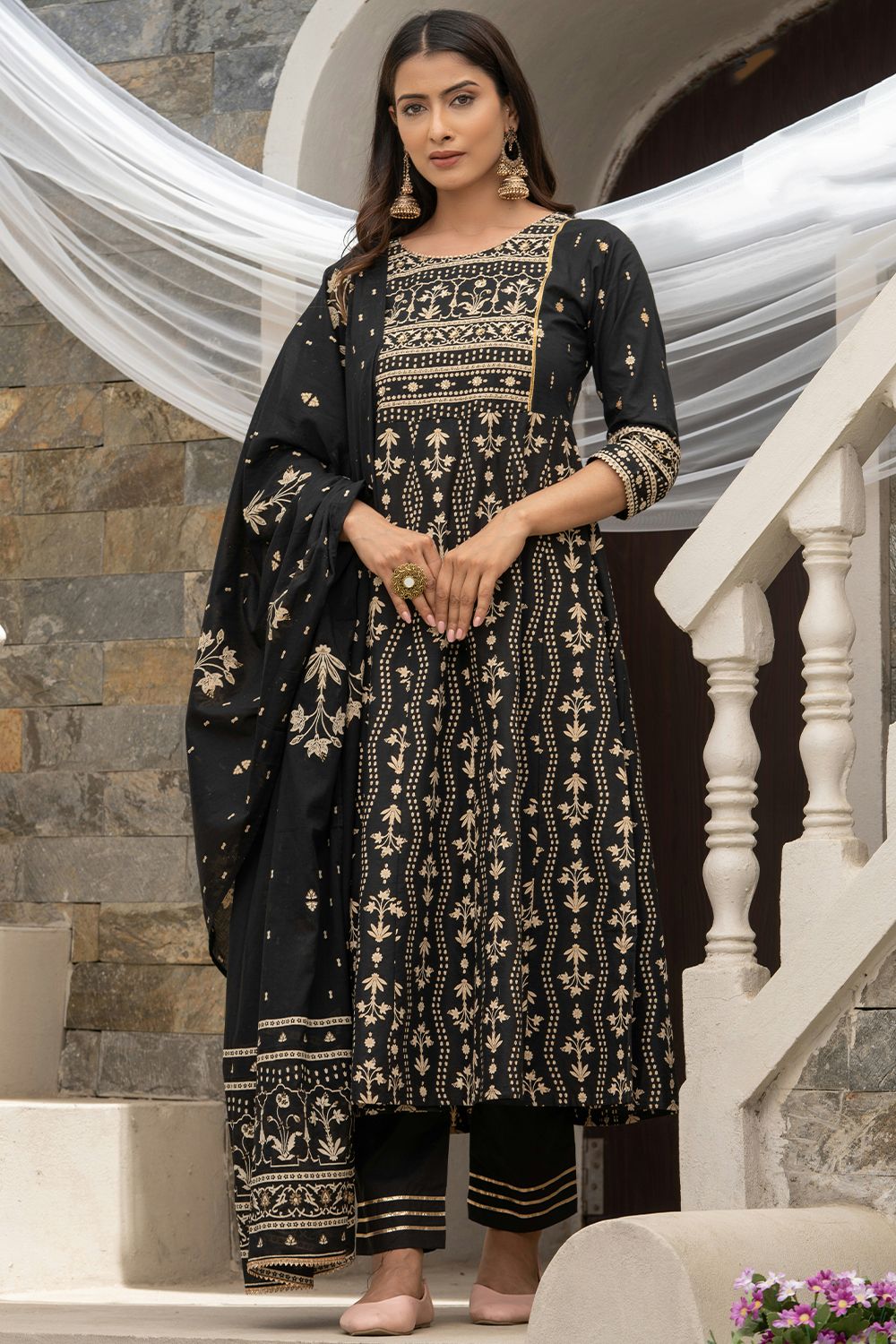 Black Cotton Thread Embroidery A- Line Kurta Set 