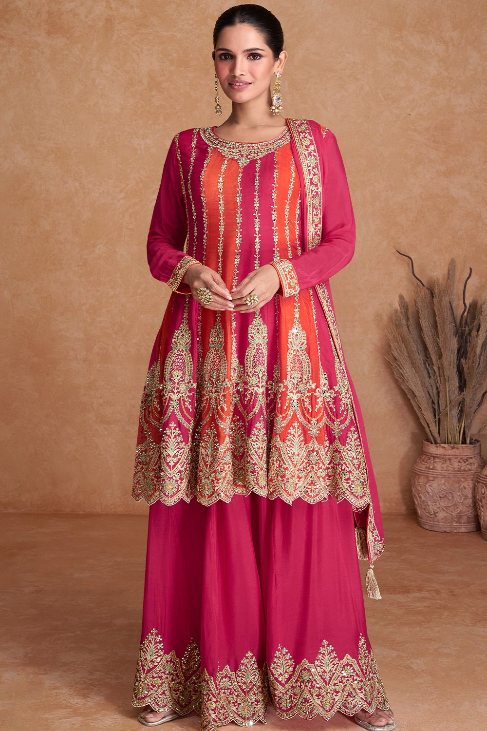Pink Chinnon A line Sharara Suit with Heavy Embroidery