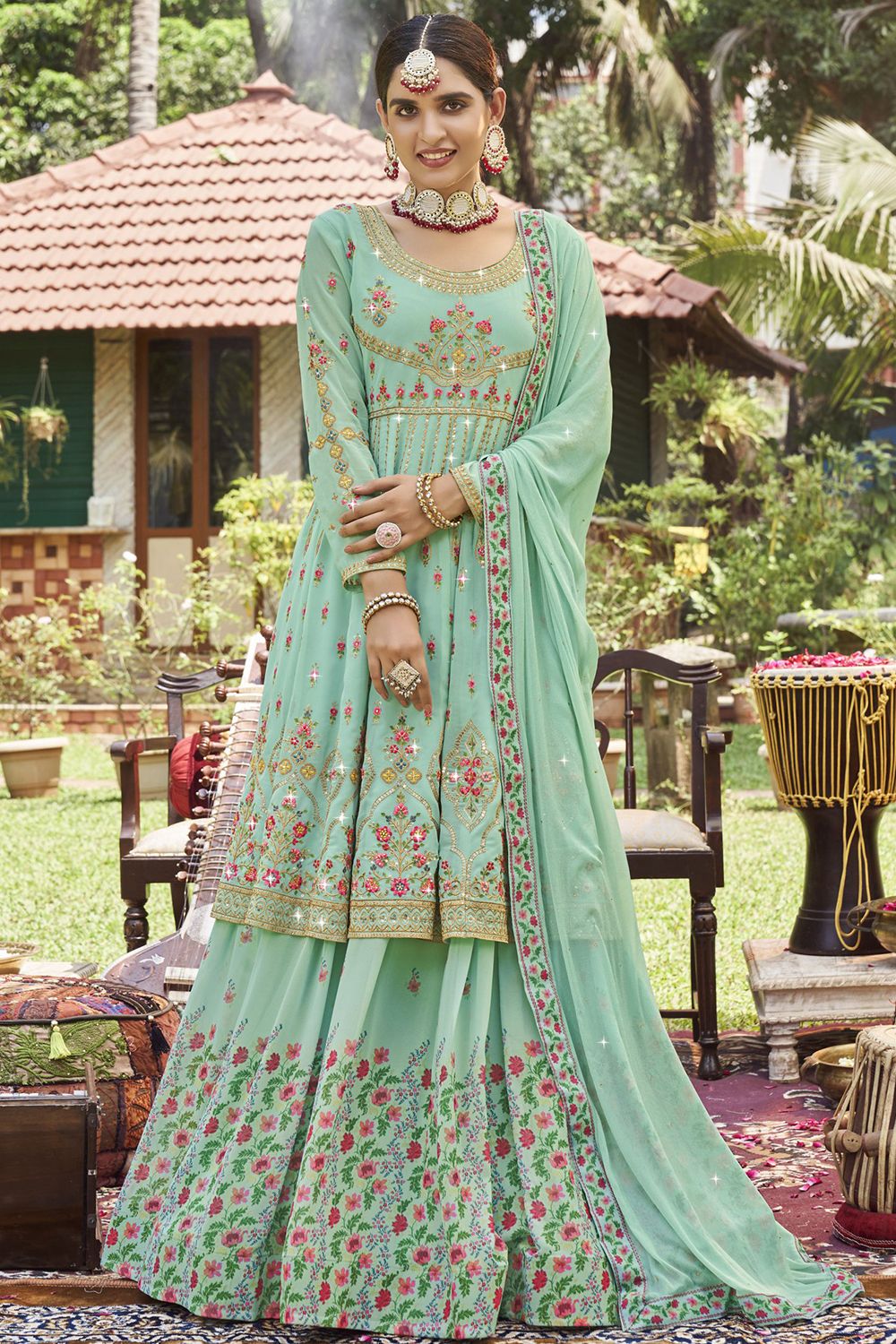 Sea Green Georgette Traditional Embroidered Lehenga Kurti