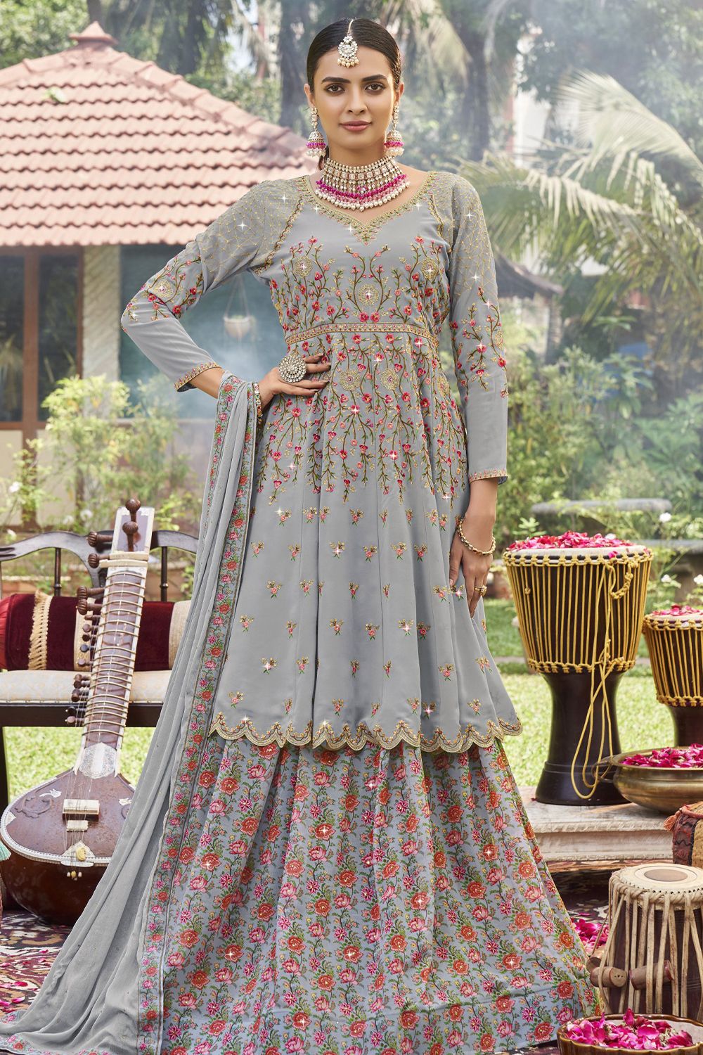 Grey Georgette Traditional Embroidered Lehenga Kurti