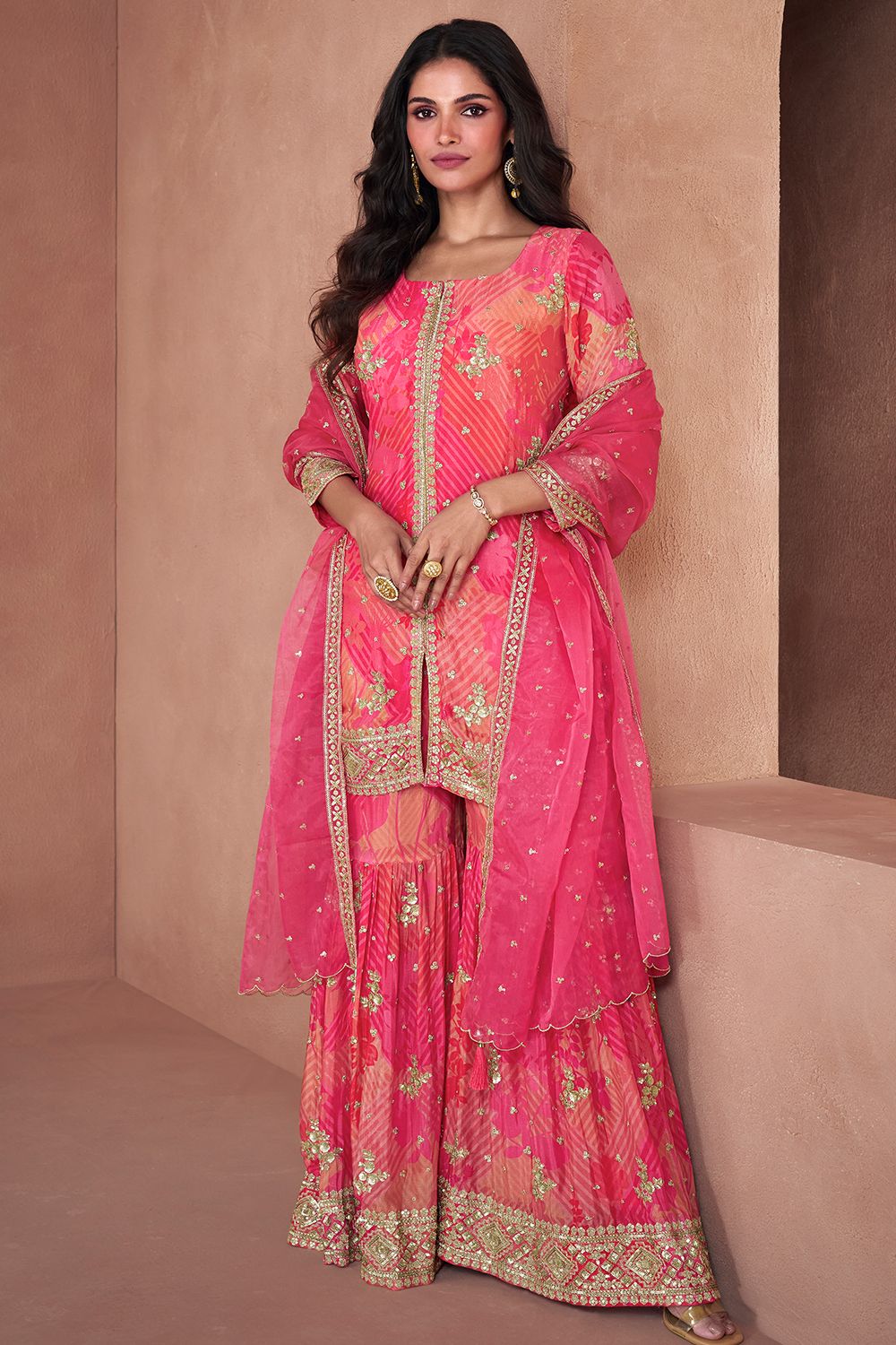 Pink Georgette Sequins Work Printed Gharara Suit 