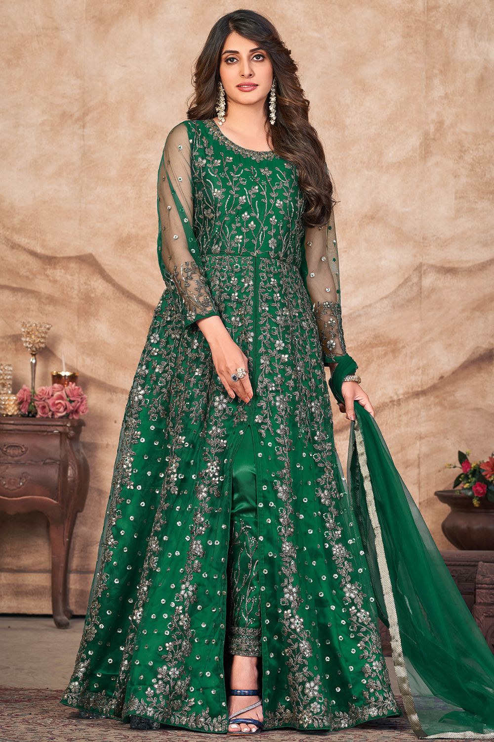 Green Satin Embroidered Anarkali Suit