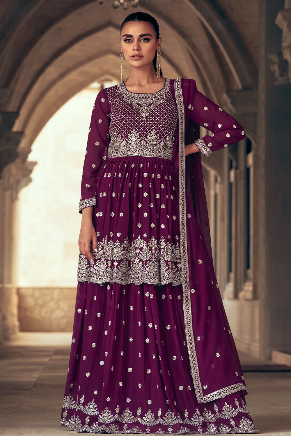 Purple Georgette Embroidered Frock Style Sharara Suit