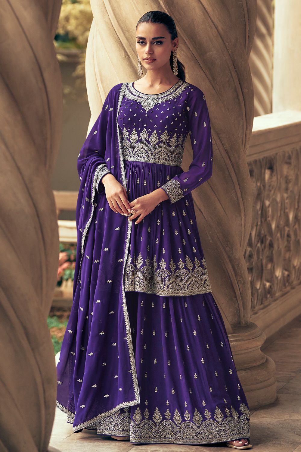 Violet Georgette Embroidered Frock Style Sharara Suit