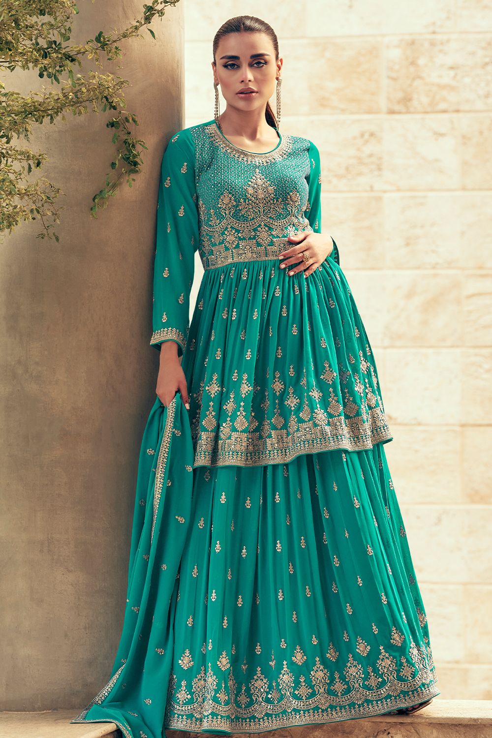 Turquoise Georgette Embroidered Frock Style Sharara Suit