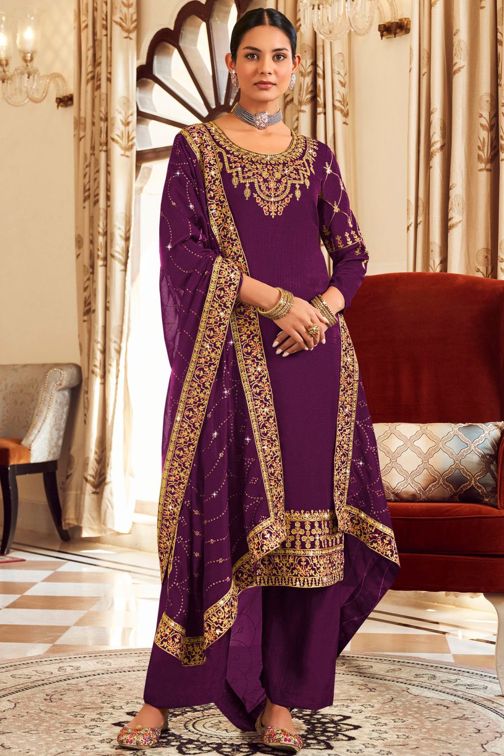 Purple Shantoon Embroidered Kurta Set