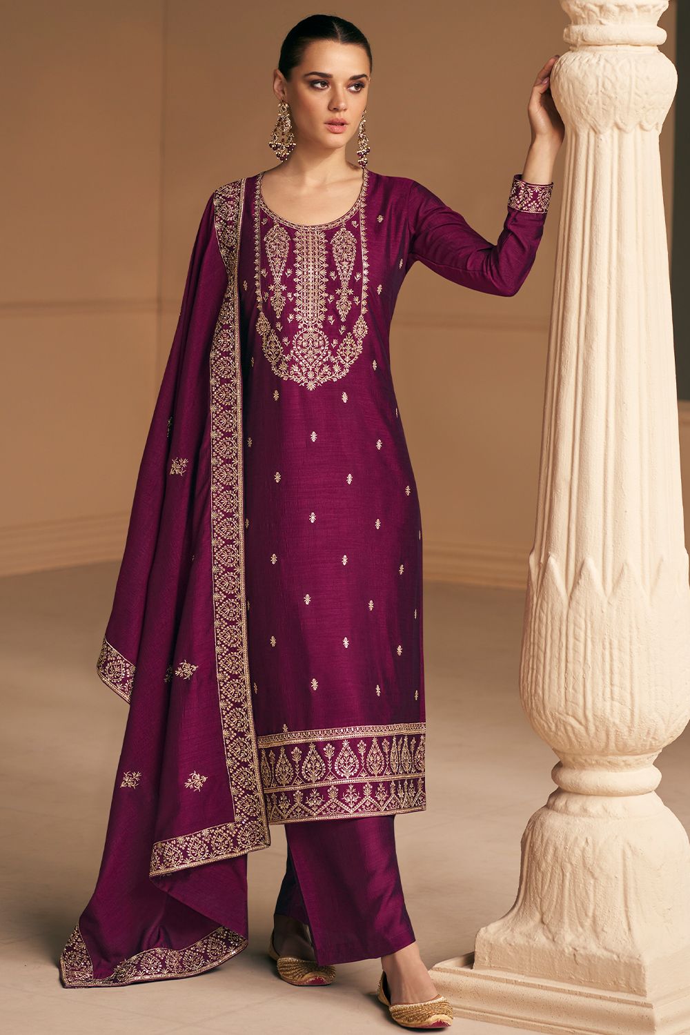 Wine Silk Embroidered Kurta Set