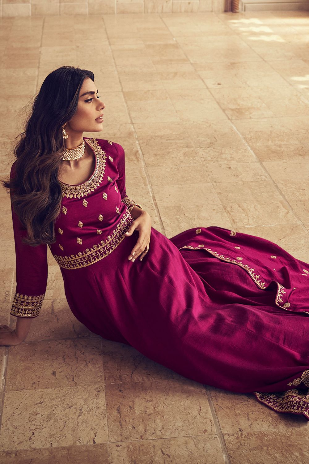 Magenta Pink Silk Embroidered Anarkali Suit with Sequins