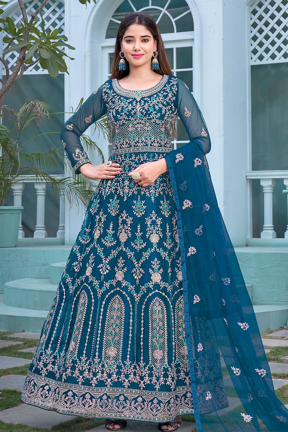 Prussian Blue Embroidered Net Anarkali Suit