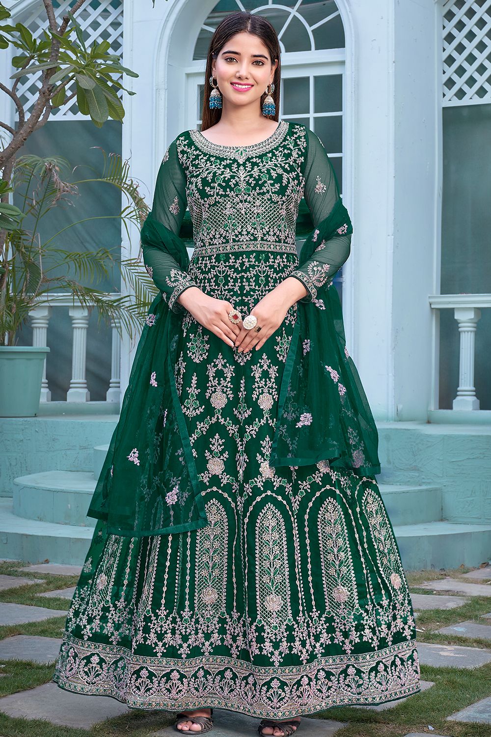 Emerald Green Embroidered Net Anarkali Suit