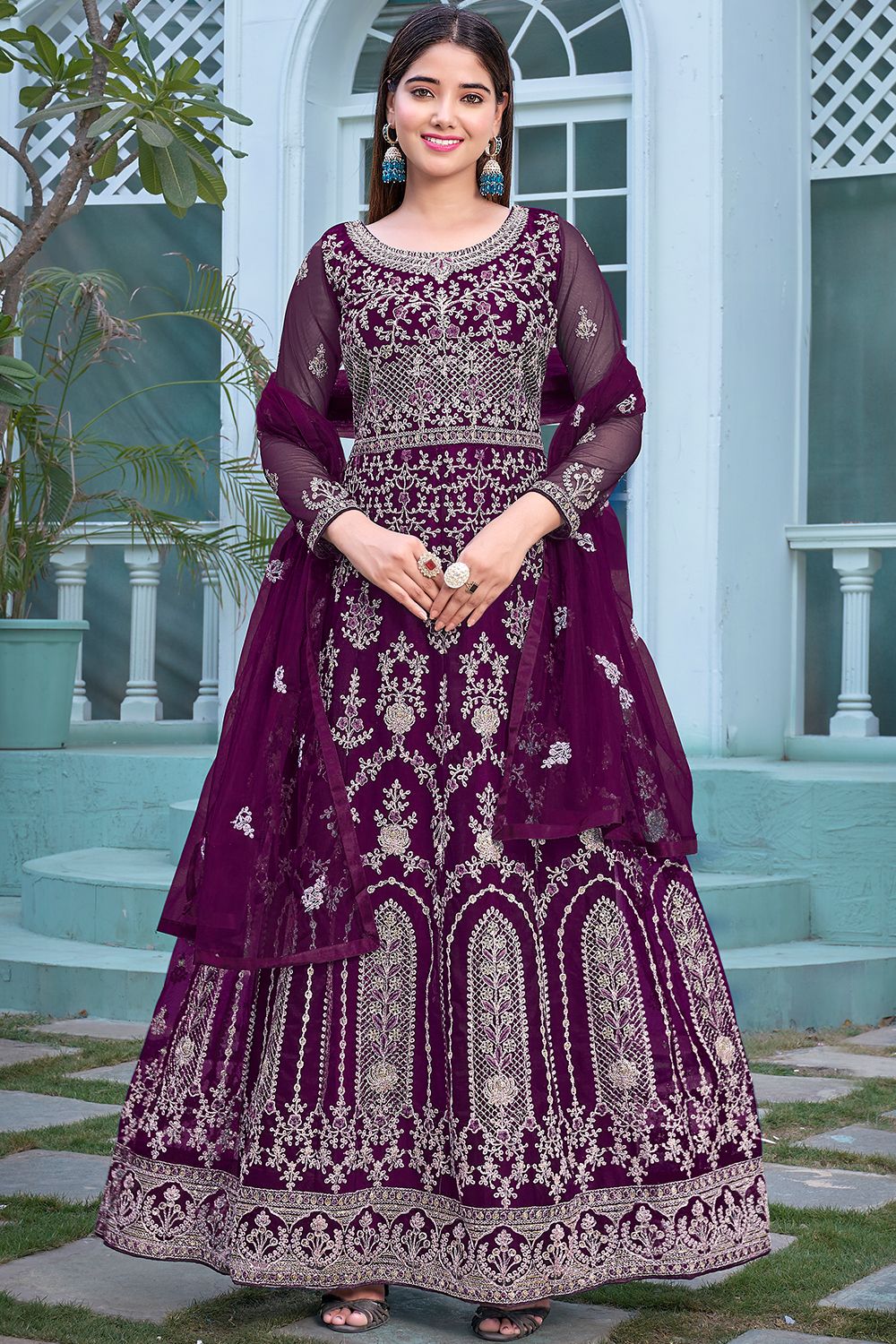 Purple Embroidered Net Anarkali Suit