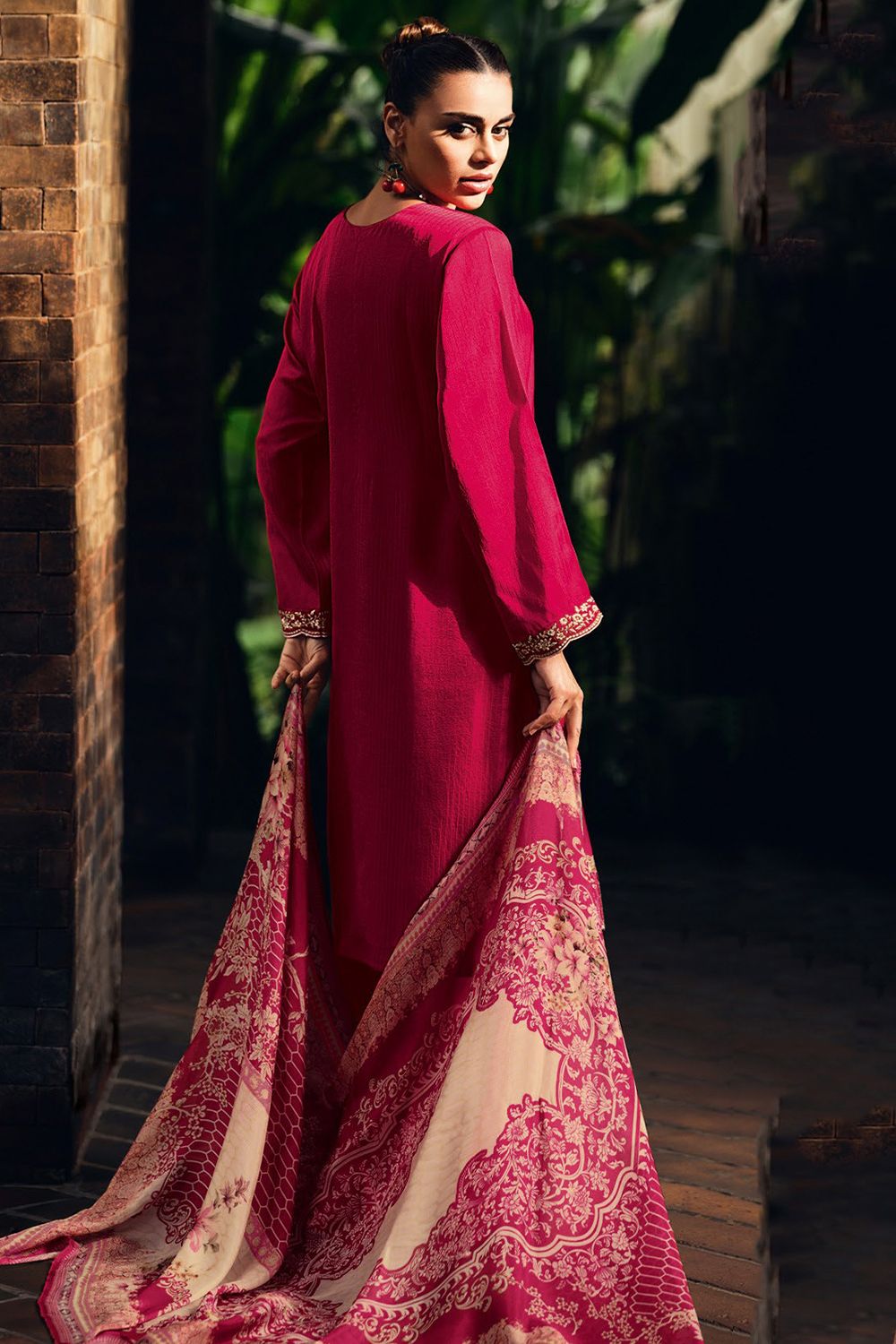 Magenta Embroidered Muslin Silk Trouser Suit