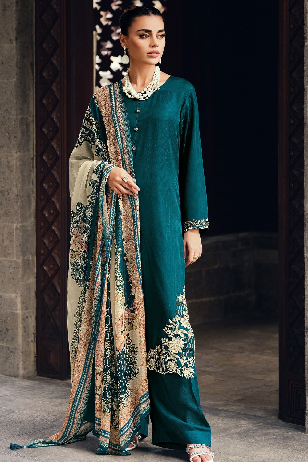 Teal Blue Embroidered Muslin Silk Trouser Suit