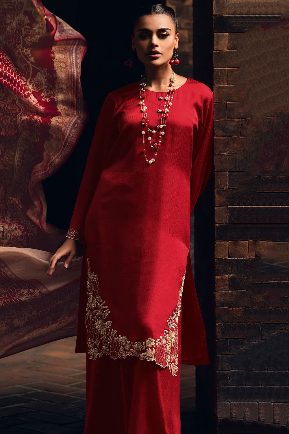Red Embroidered Muslin Silk Trouser Suit