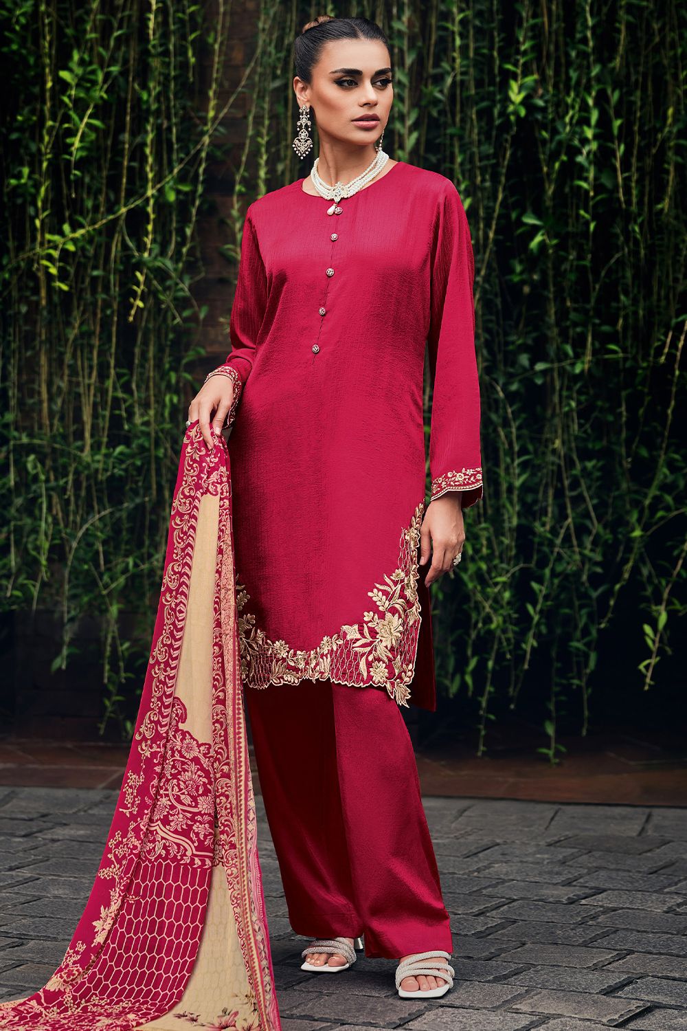 Ruby Pink Embroidered Muslin Silk Trouser Suit