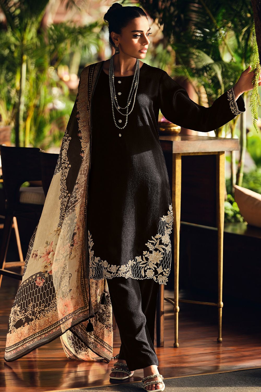 Black EmbroideredMuslin Silk Trouser Suit