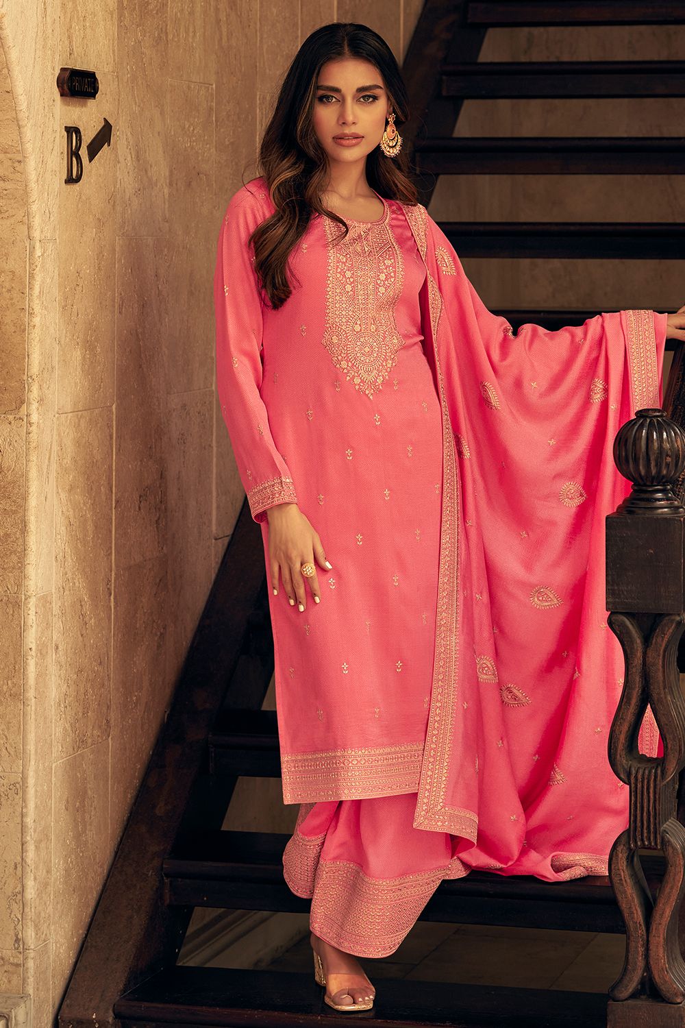 Rose Pink Resham Embroidered Palazzo Suit 