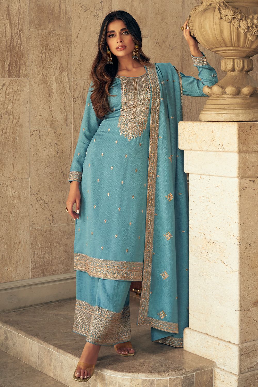 Sky Blue Resham Embroidered Palazzo Suit 