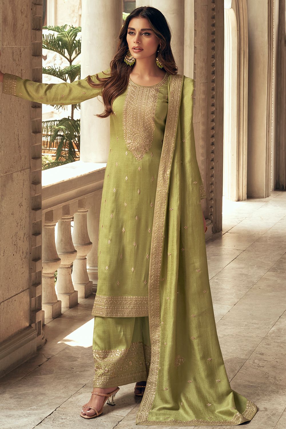 Olive Green Resham Embroidered Palazzo Suit 