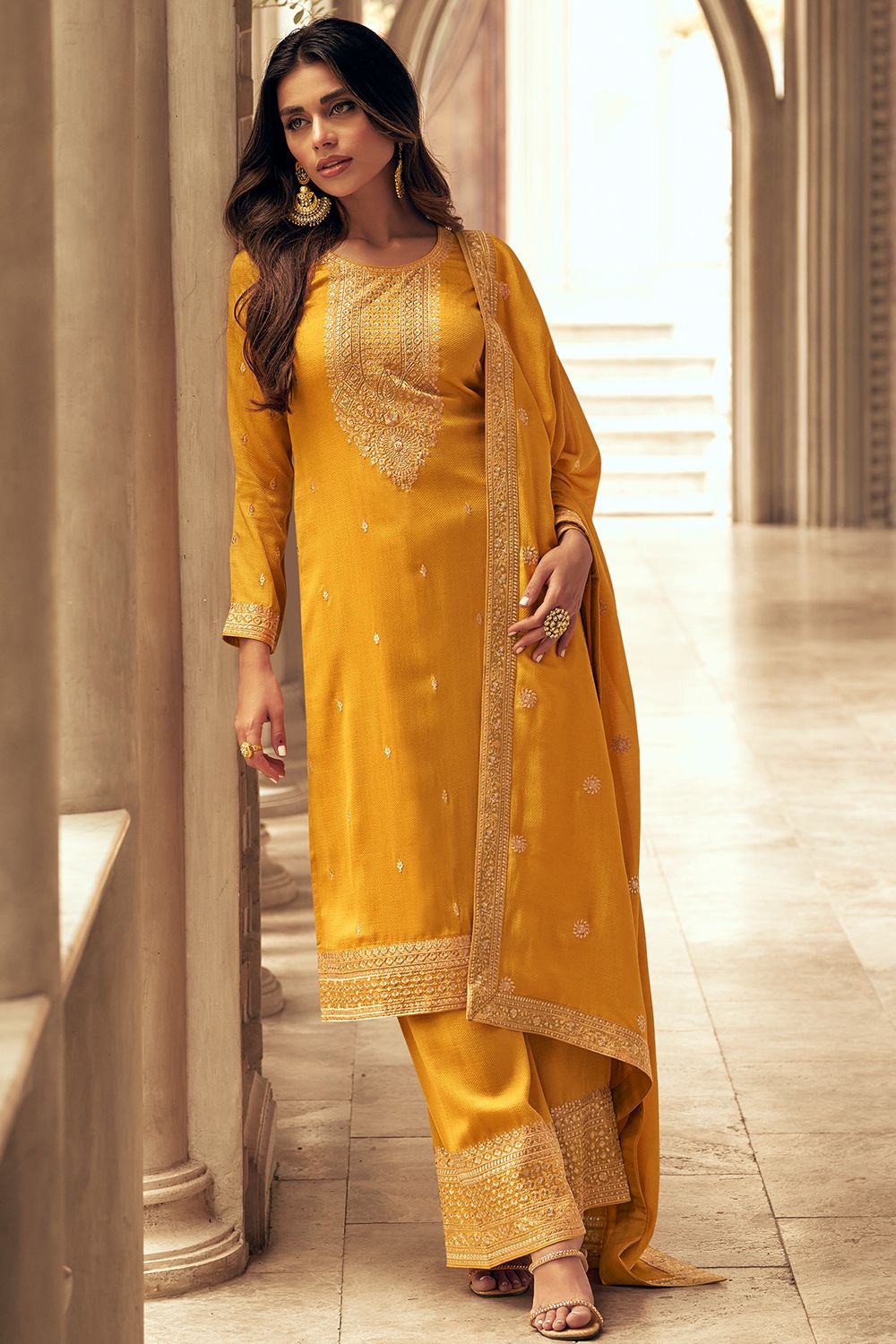 Mustard Yellow Resham Embroidered Palazzo Suit 