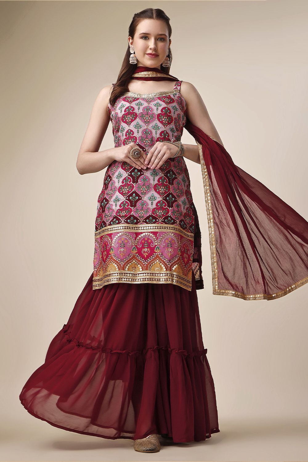 Maroon Georgette Sequins Embroidered Sharara Suit