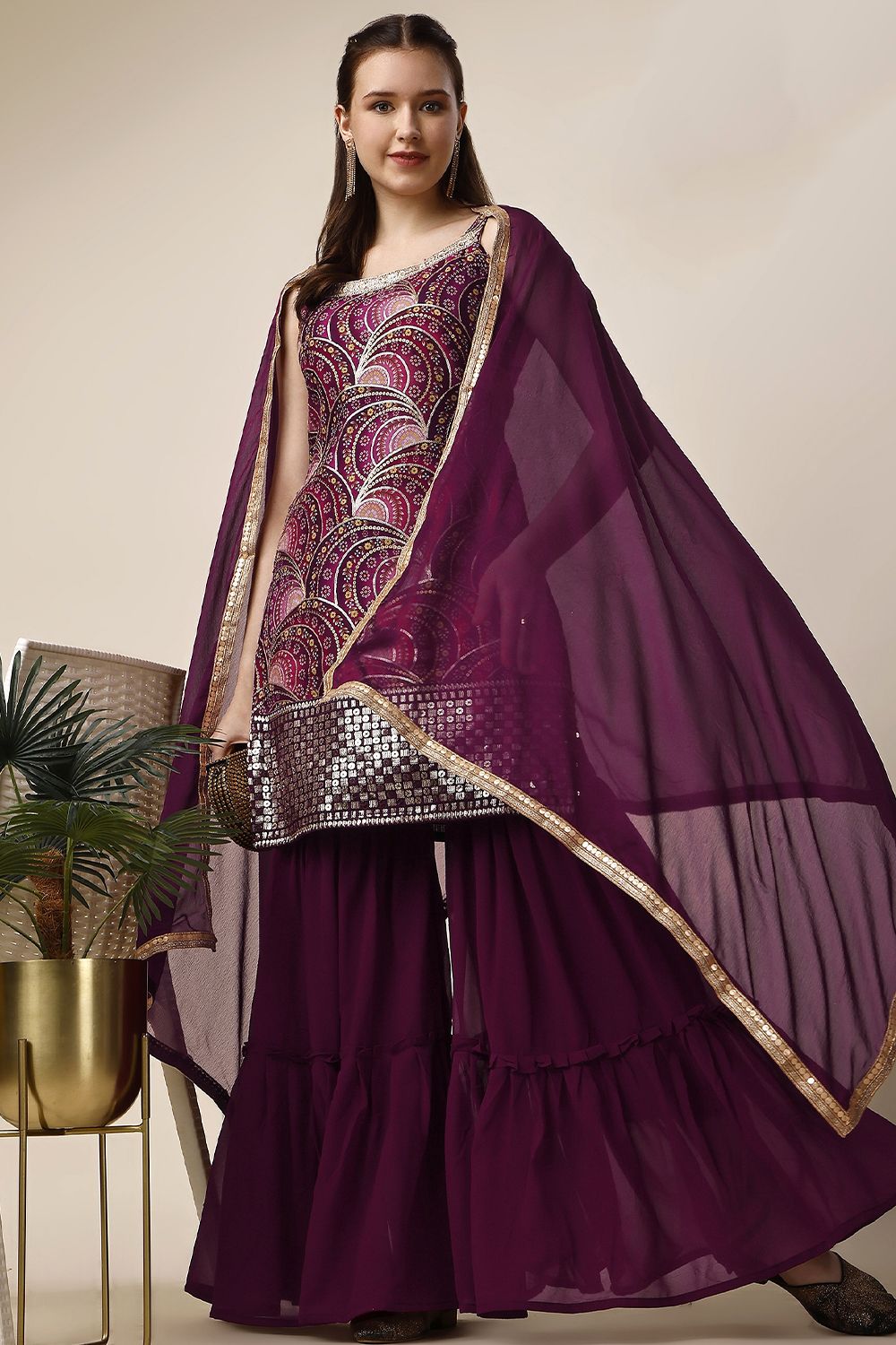 Wine Georgette Sequins Embroidered  Sharara Suit