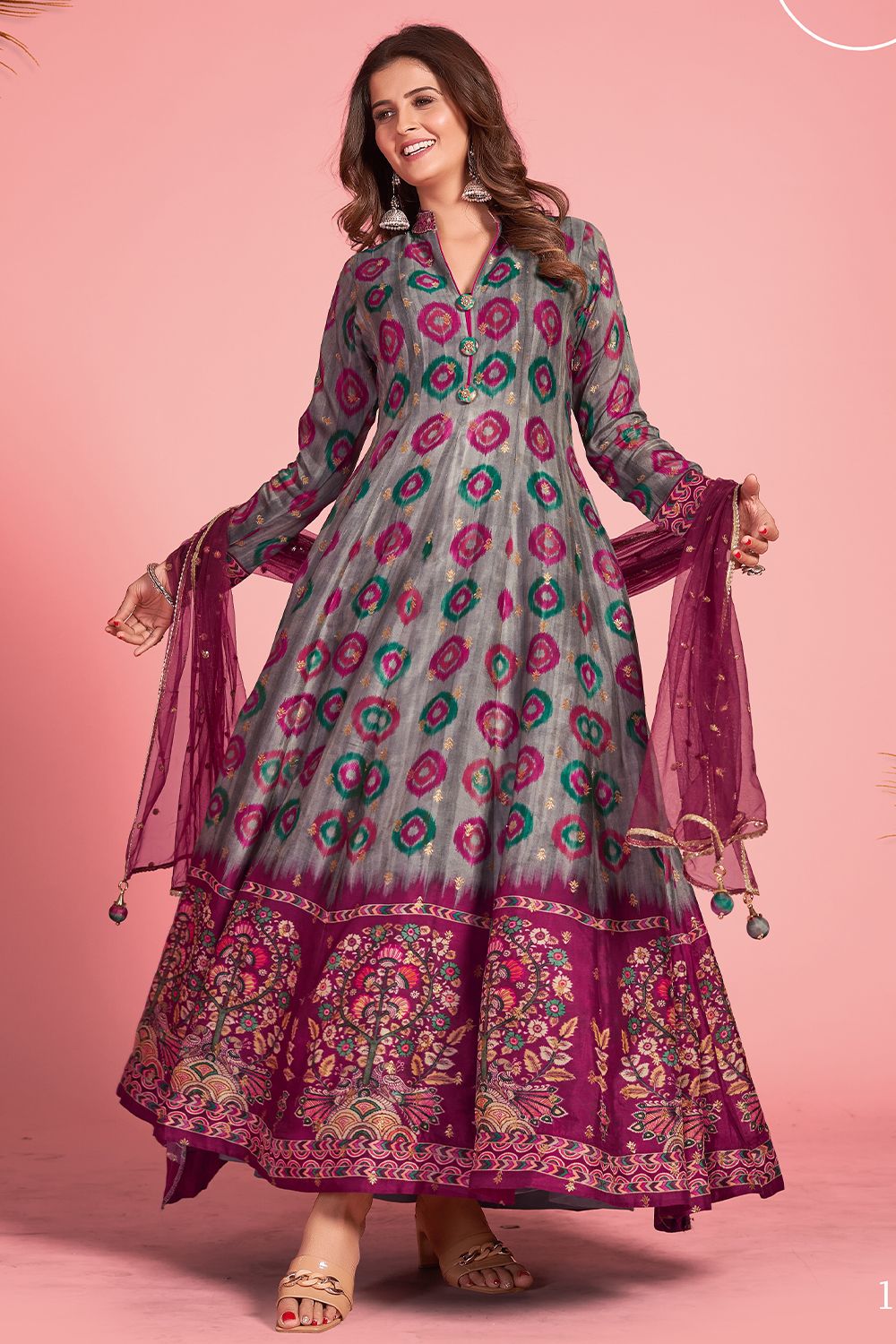 Dark Grey Printed Art Silk Anarkali Suit With Purple Dupatta
