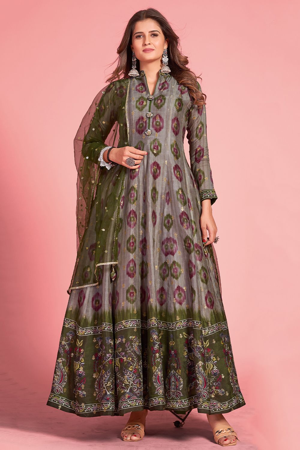 Dark Grey Printed Art Silk Anarkali Suit With Green Dupatta