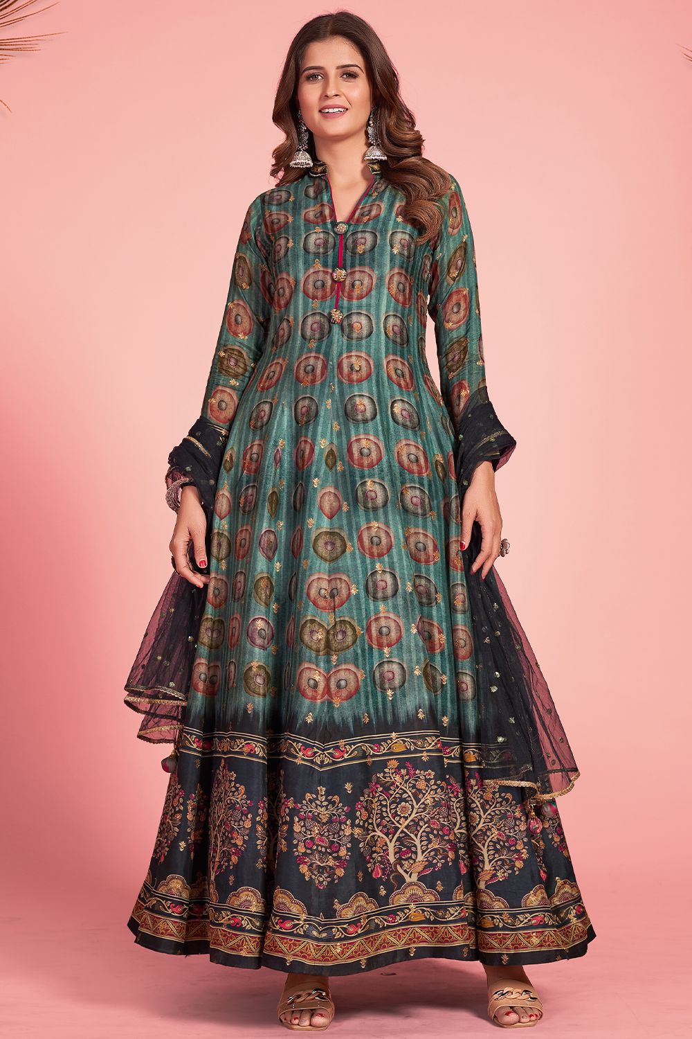 Dusty Teal Blue Printed Art Silk Anarkali Suit 