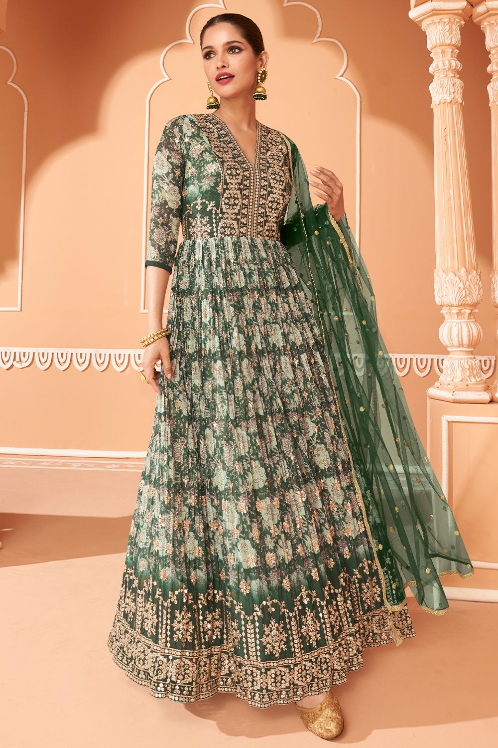 Dark Green Floral Printed Anarkali Suit