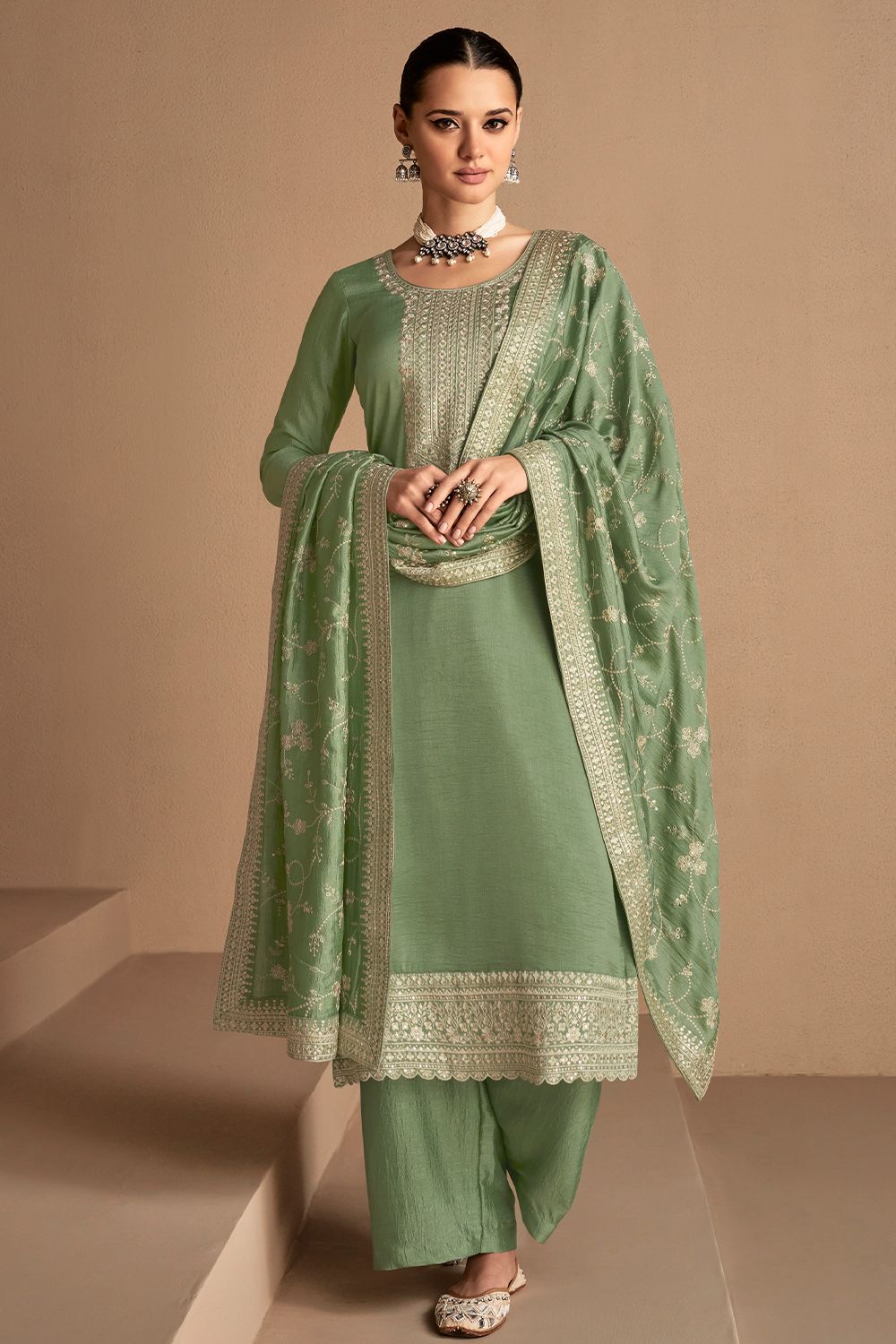 Sage Green Straight Cut Palazzo Suit