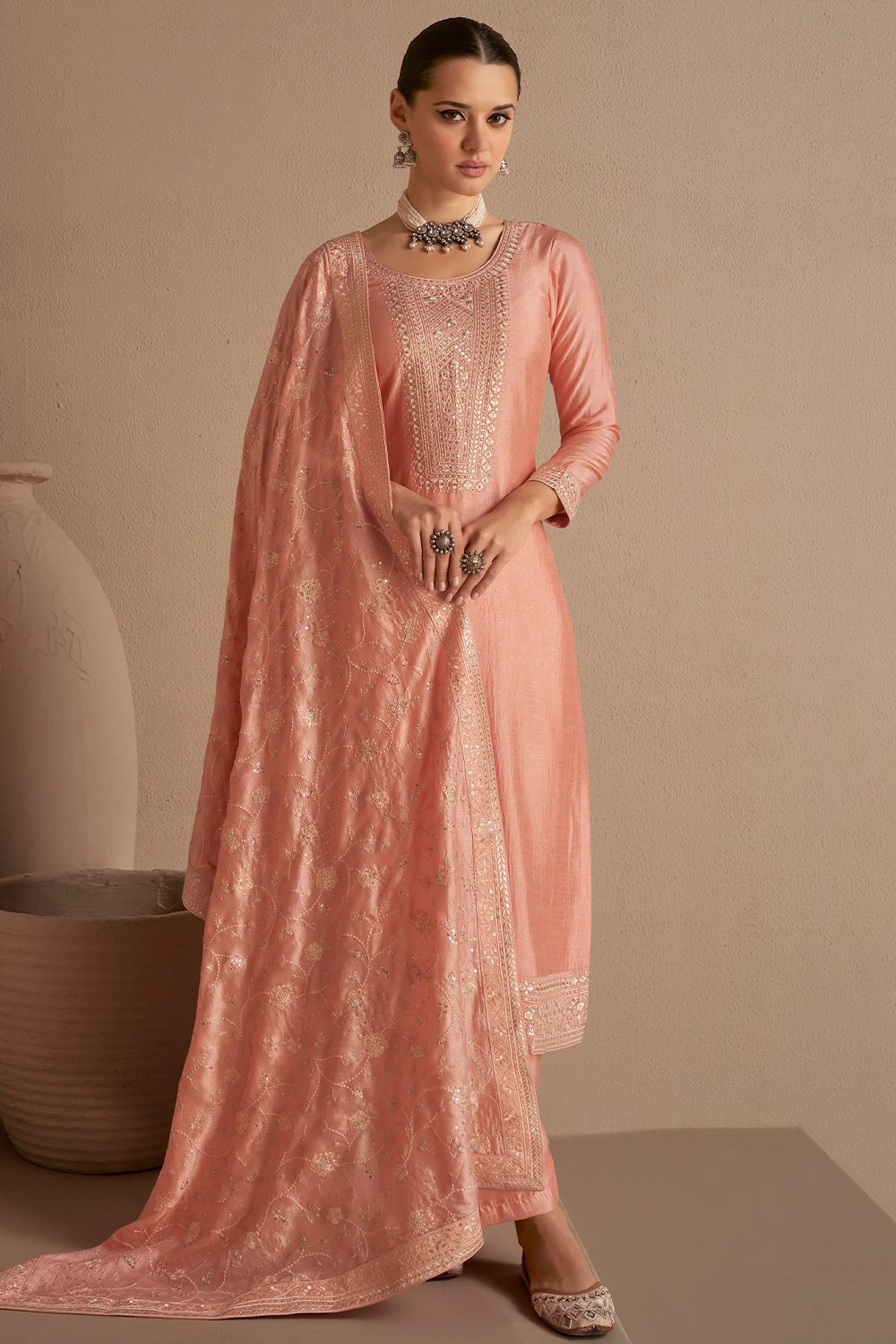Peach Straight Cut Palazzo Suit