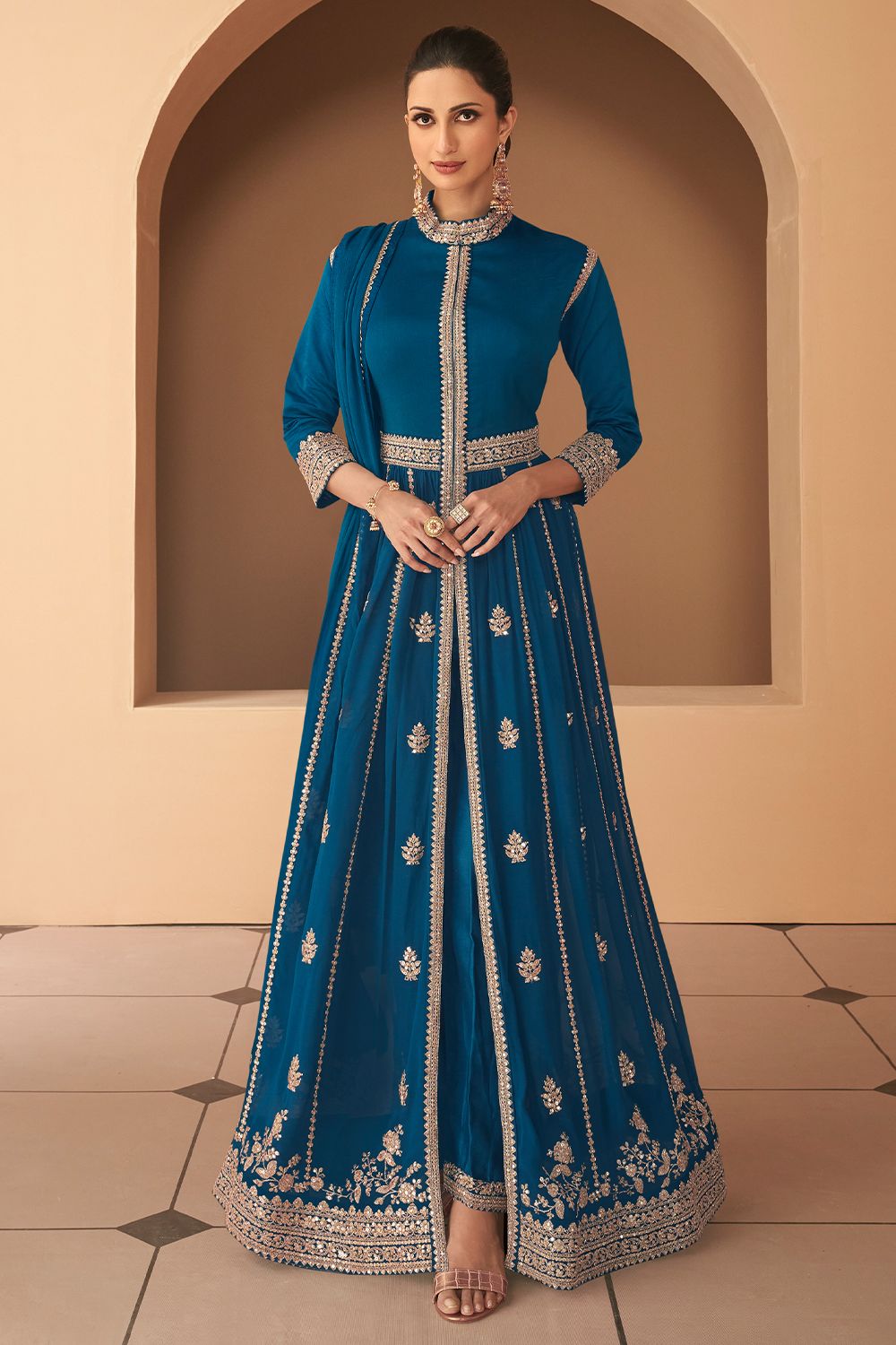 Blue Floor Length Abaya Style Anarkali Kurti