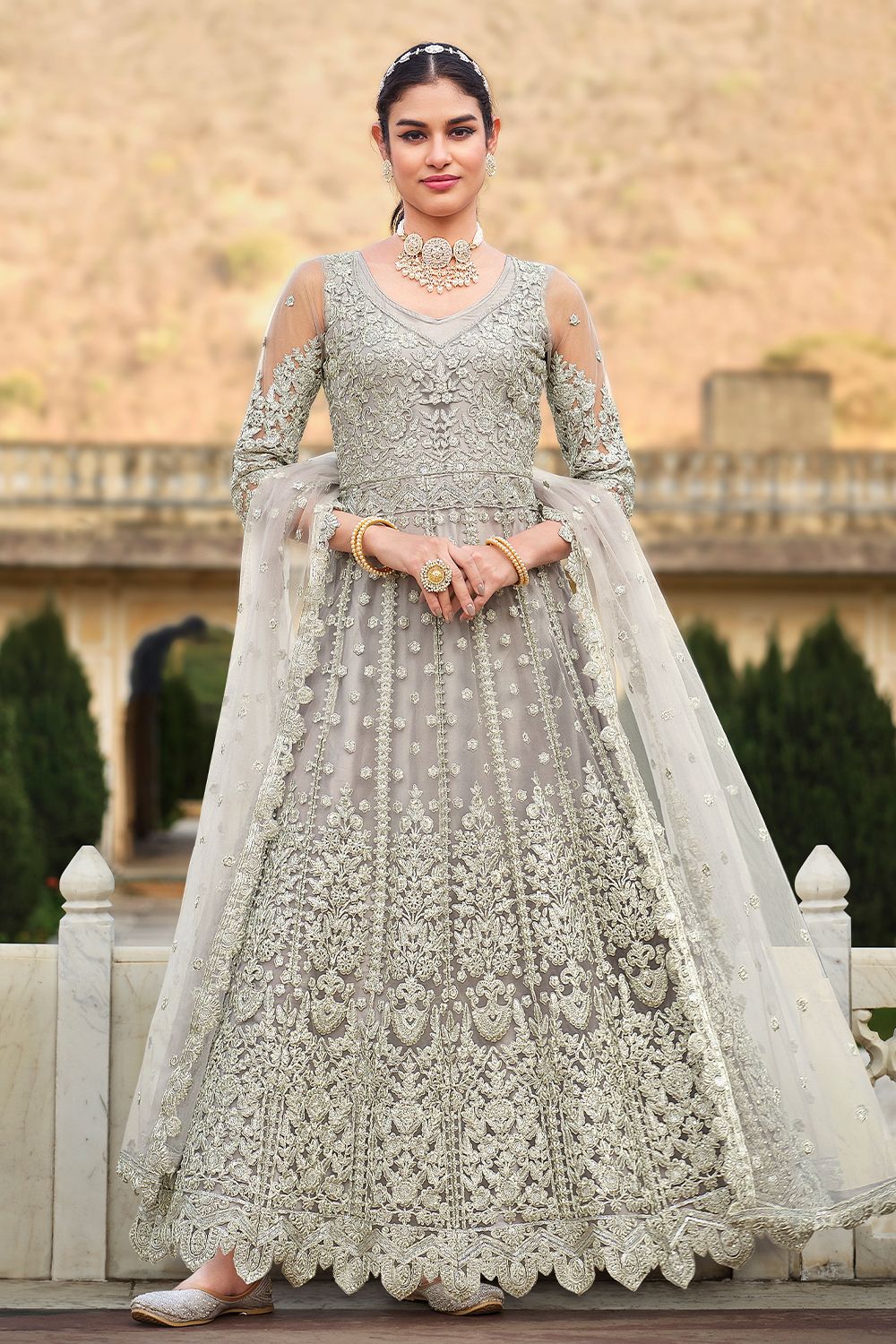 Grey Sequins Embroidered Net Floor Length Anarkali Suit
