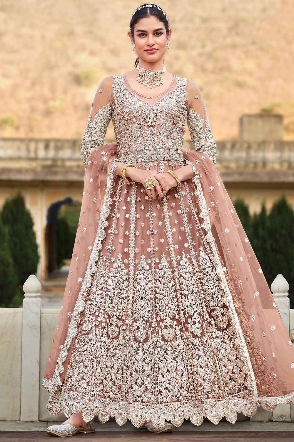 Peach Sequins Embroidered Net Floor Length Anarkali Suit
