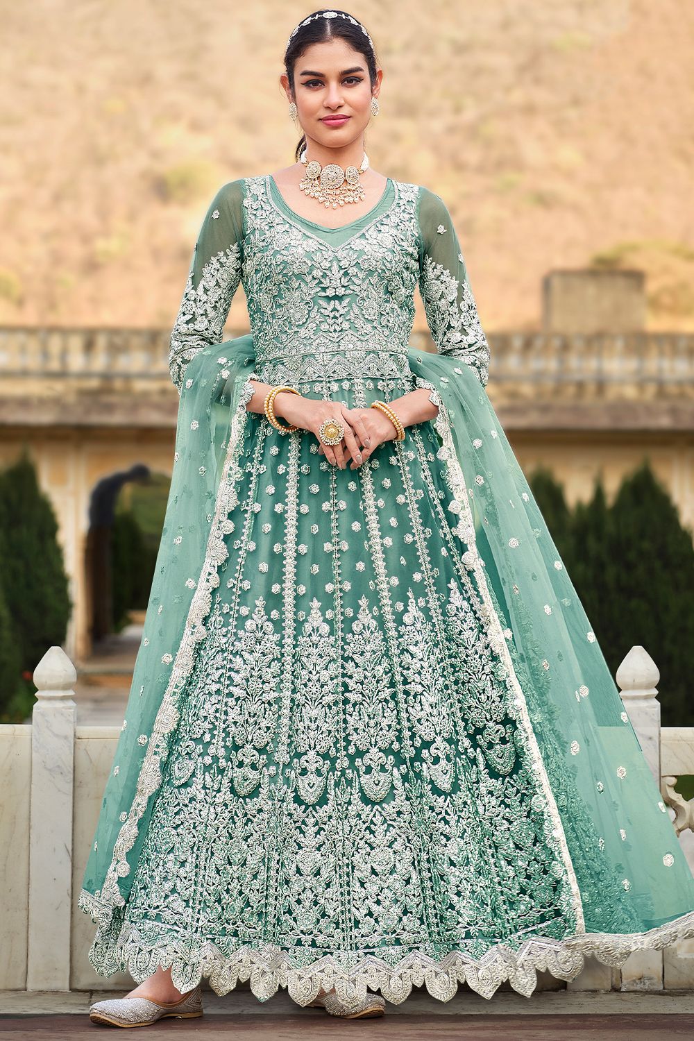 Light Cyan Sequins Embroidered Net Floor Length Anarkali Suit