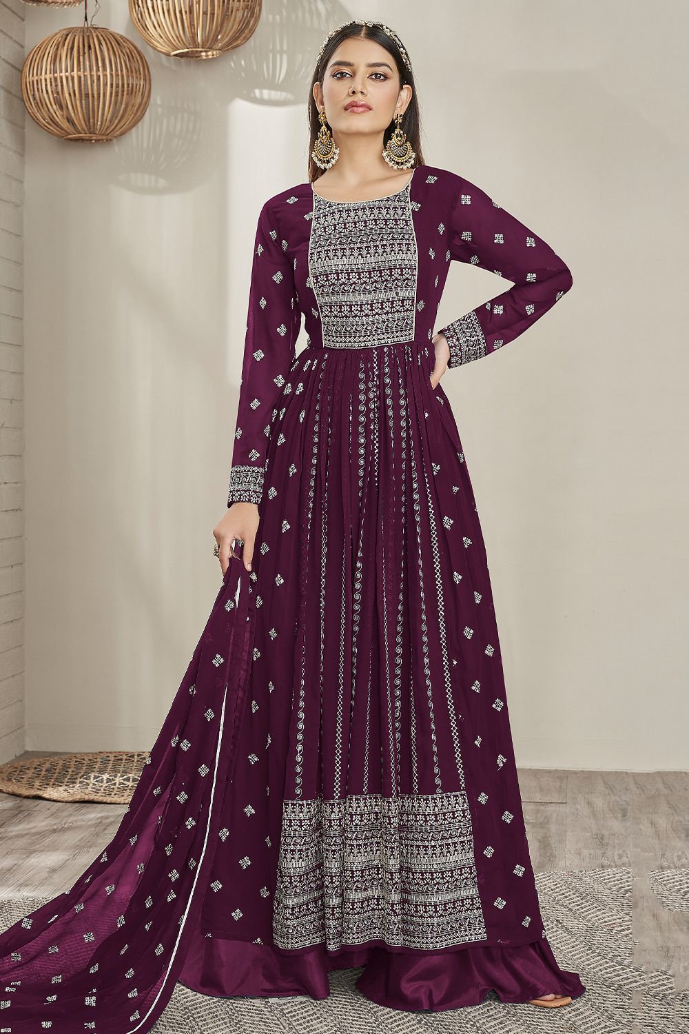 Magenta Georgette Embroidered Palazzo Suit